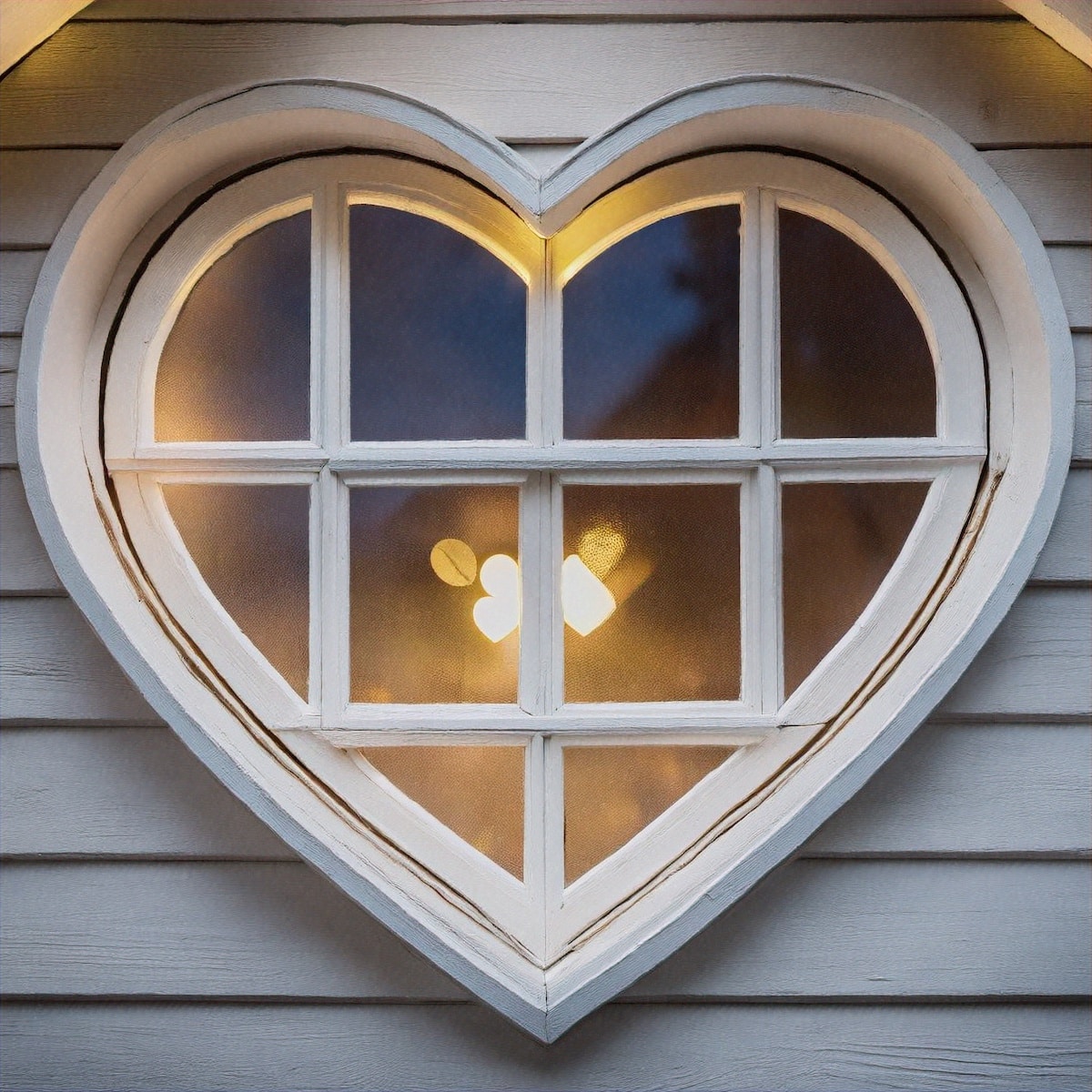 Heart window on a home with light glowing.