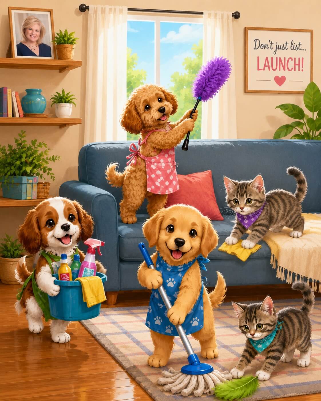 drawing of pets cleaning a house